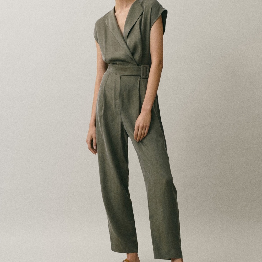 NWT Massimo Dutti Jumpsuit Cupro Olive Green Belted Vacation Office Size 6